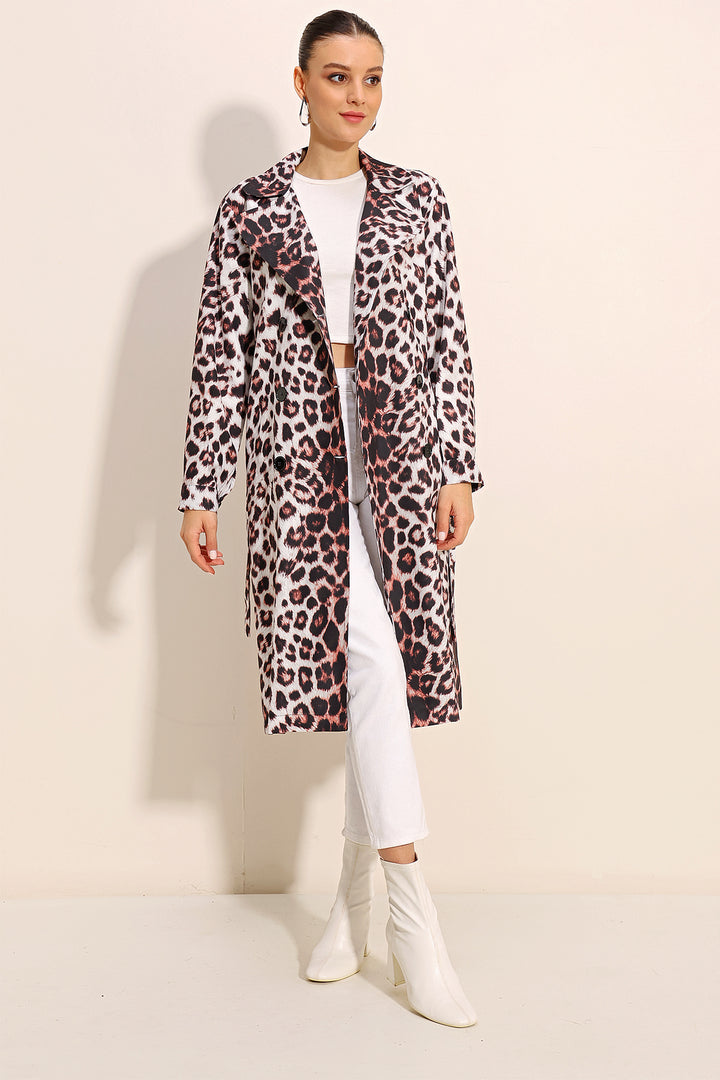 BGD Women Patterned Wrap Neck Trench Coat - Ecru - Avondale