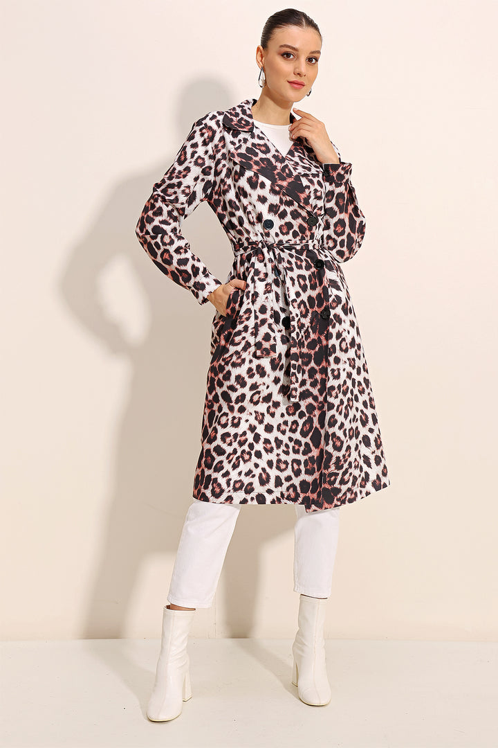 BGD Women Patterned Wrap Neck Trench Coat - Ecru - Avondale