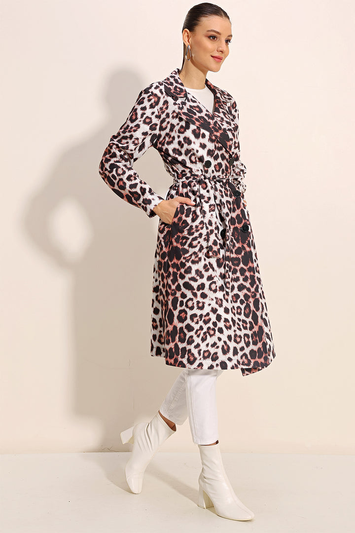 BGD Women Patterned Wrap Neck Trench Coat - Ecru - Avondale