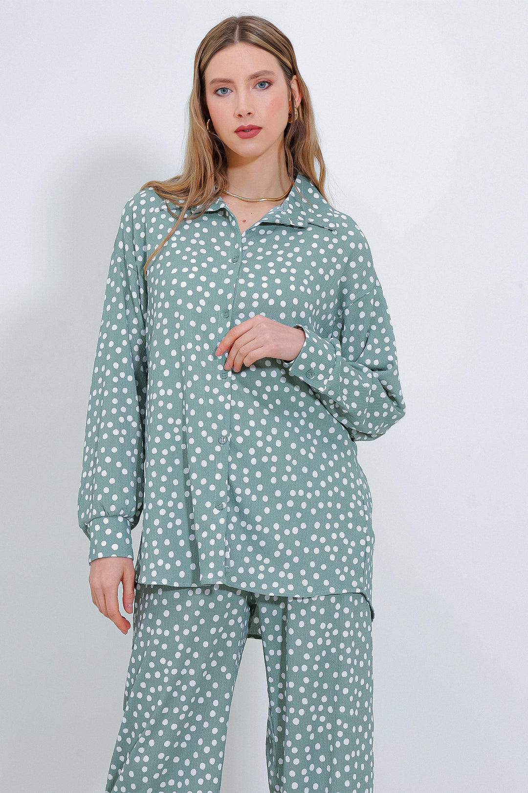 BGD Women Woman Polka Dot Mint Ecru Knitted Two Piece Set 5858 - Avondale