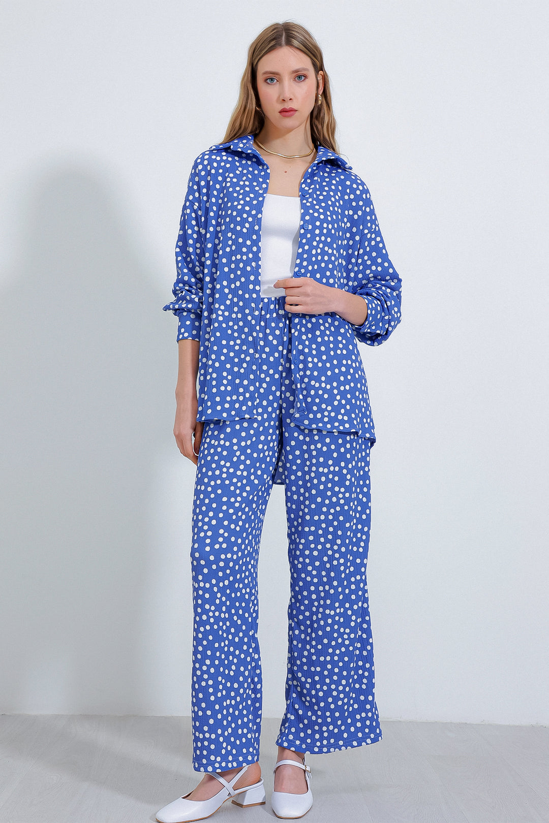 BGD Women Woman Polka Dot Indigo Ecru Knit Two-Piece Set 5858 - Avondale