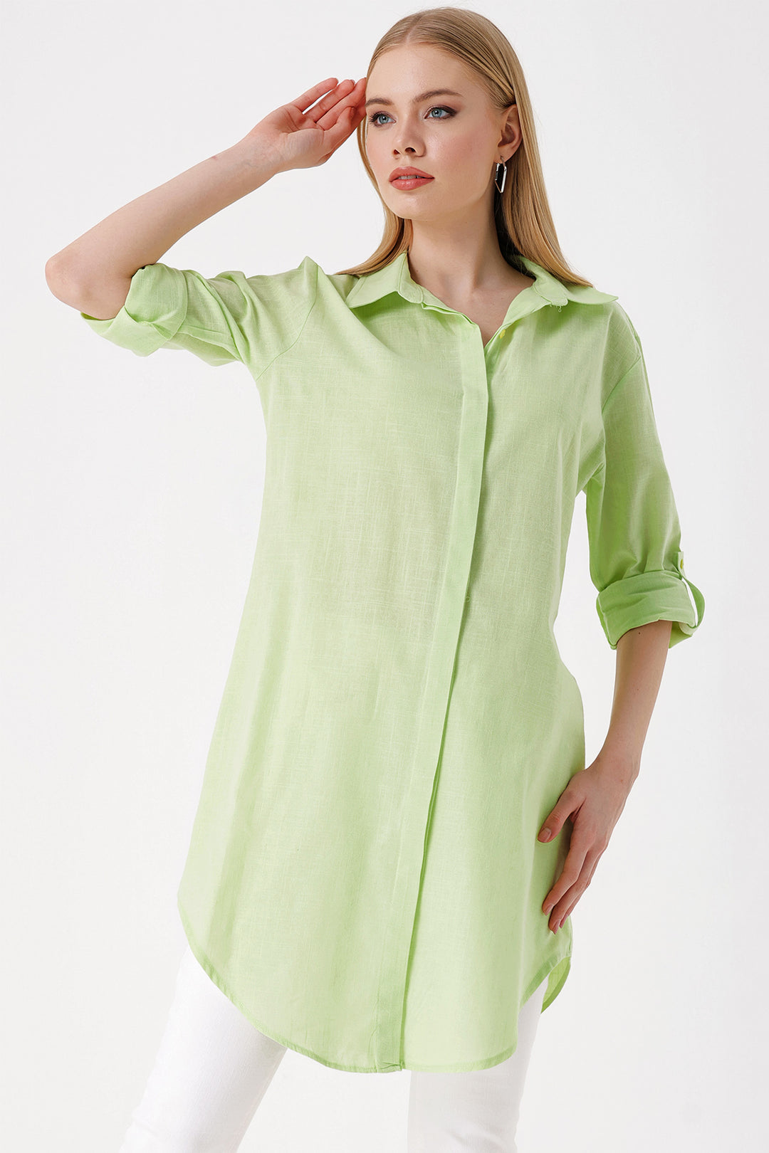 BGD Women Long Linen Shirt - Dark Green - Avondale