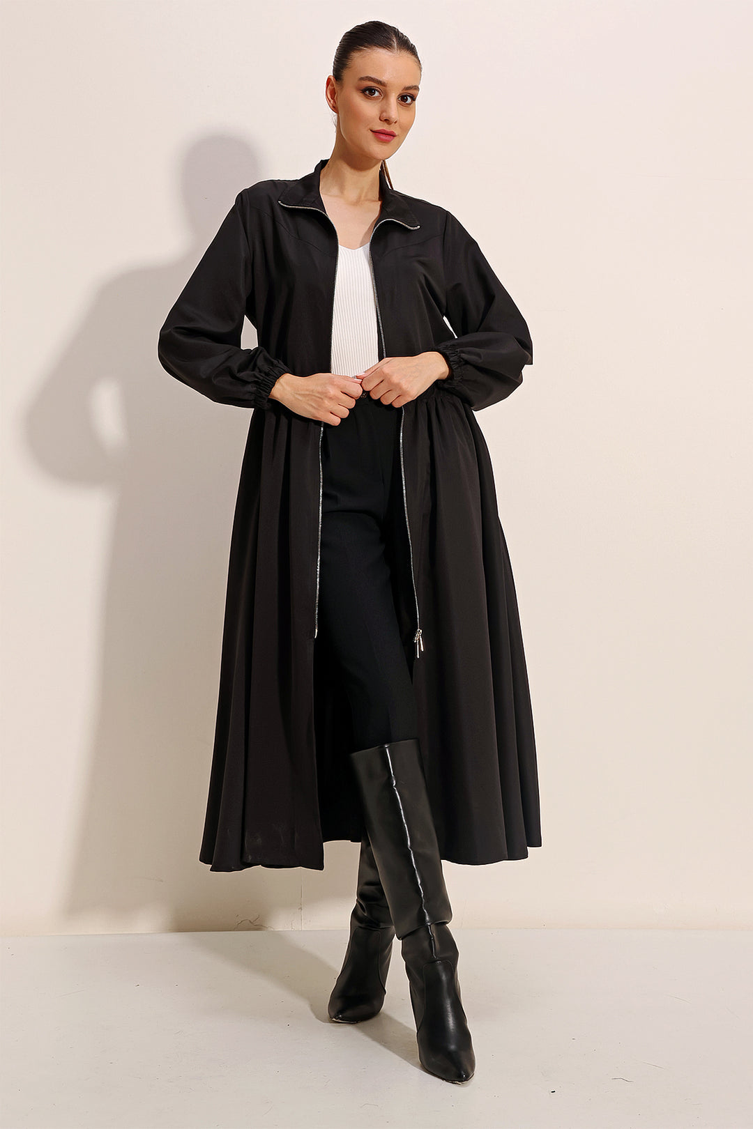 BGD Women Woman Black Zippered Long Trench Coat 5912 - Avondale