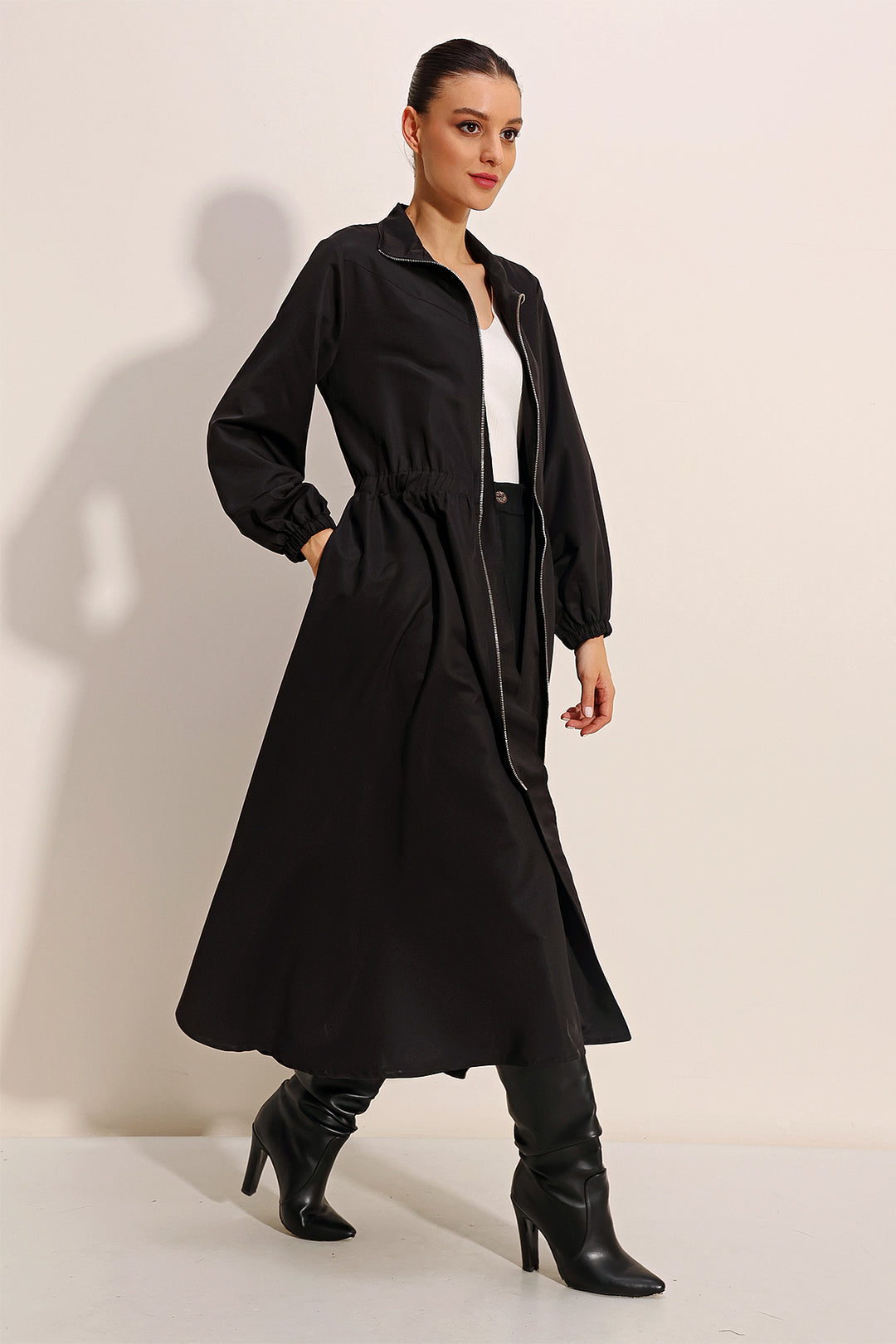 BGD Women Woman Black Zippered Long Trench Coat 5912 - Avondale