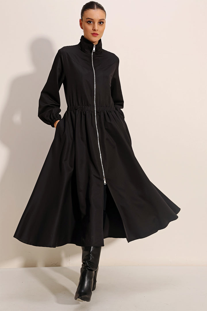 BGD Women Woman Black Zippered Long Trench Coat 5912 - Avondale