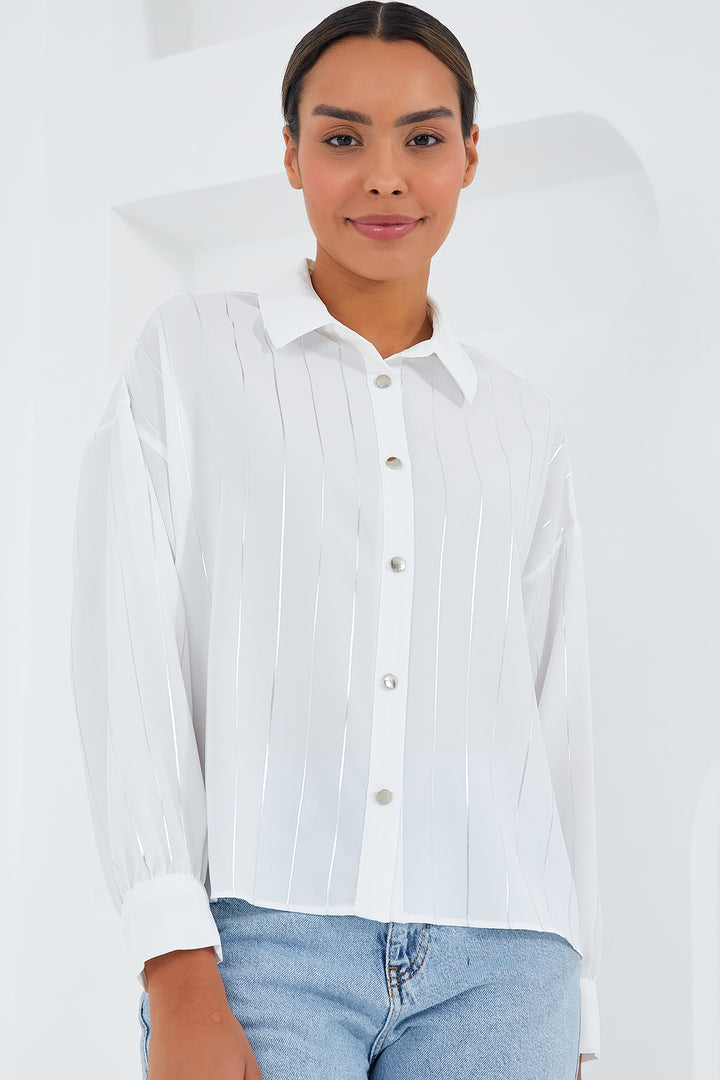 BGD Women Woman White Silver Striped Shirt 5924 - Avondale