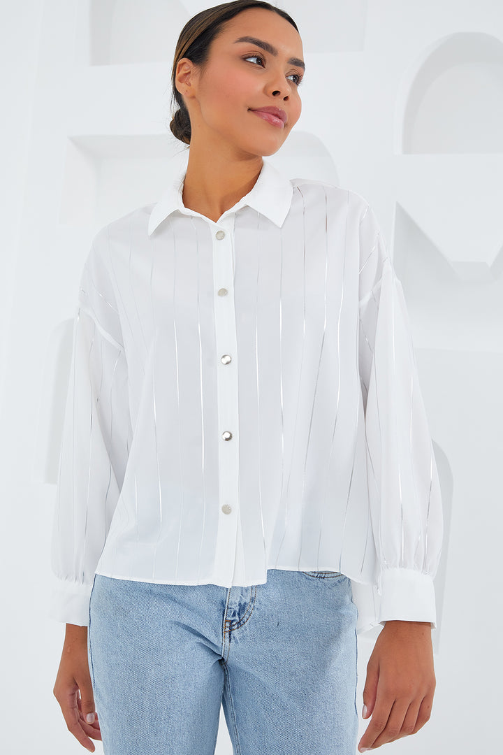 BGD Women Woman White Silver Striped Shirt 5924 - Avondale