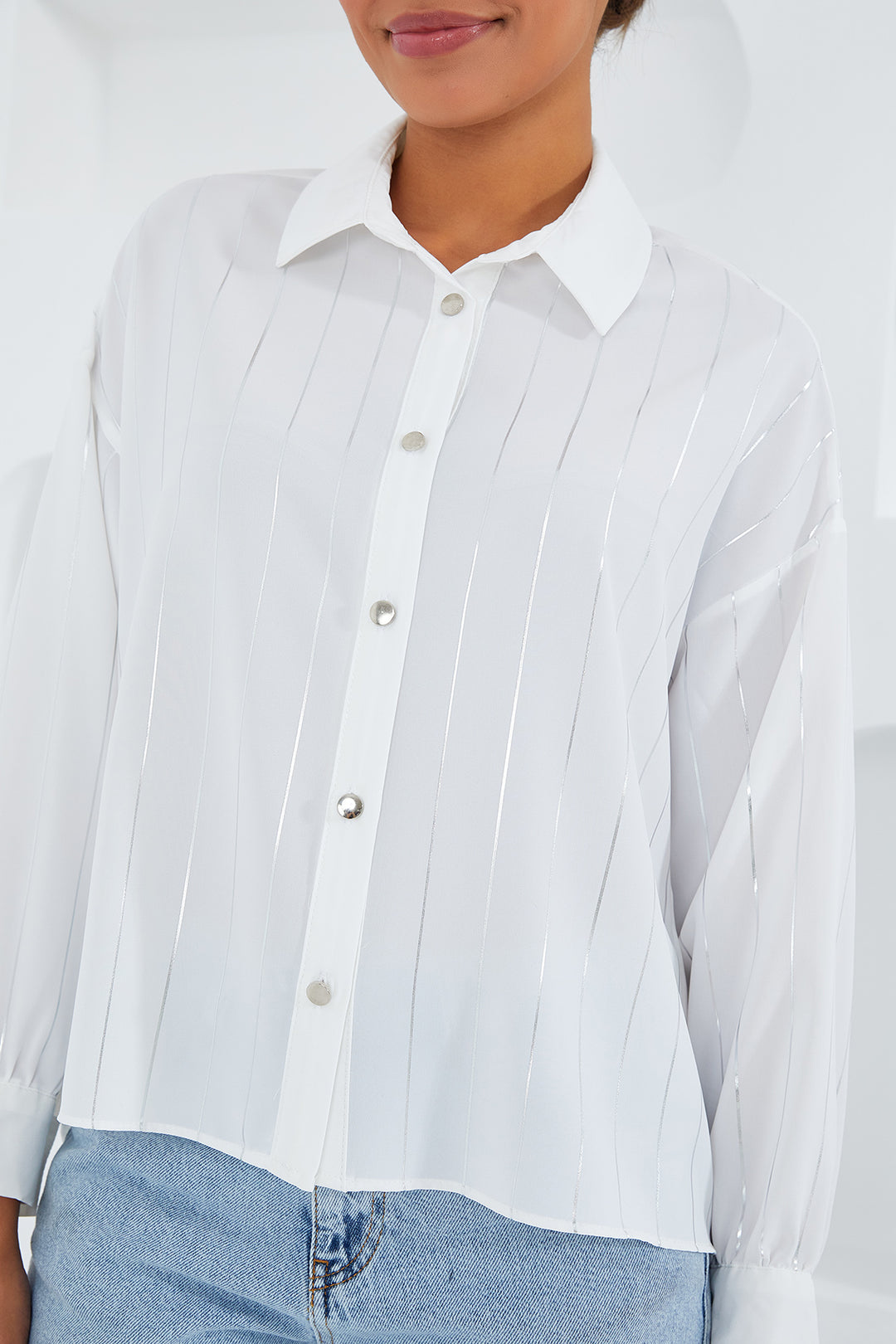 BGD Women Woman White Silver Striped Shirt 5924 - Avondale