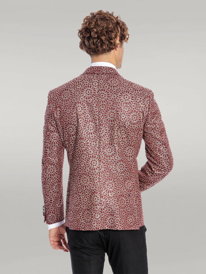 WSS Flower Embroidered Pattern Burgundy Men Prom Blazer  - Singen