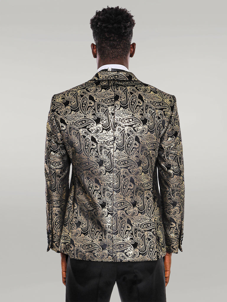 WSS Slim Fit Gold Paisley Patterned Black Men Tuxedo Blazer  - Singen