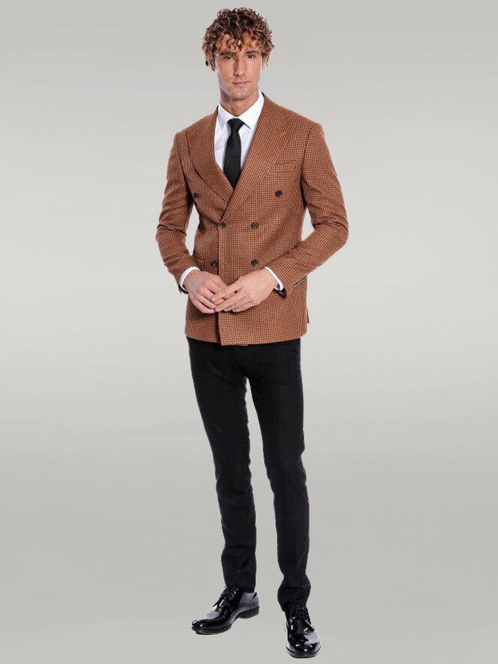 WSS Houndstooth Patterned Tawny Men Double Breasted Blazer  - Singen