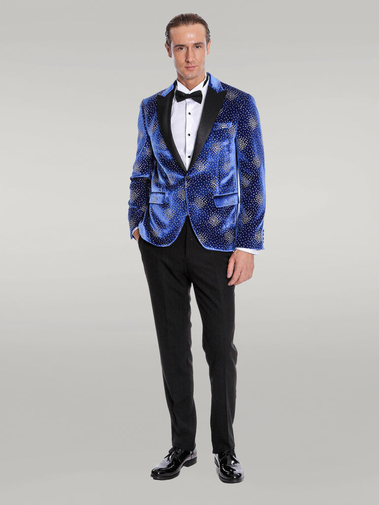 WSS Dot Patterned Peak Lapel Blue Men Prom Blazer  - Singen