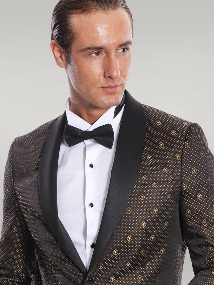 WSS Shawl Lapel Gold Dot Patterned Over Black Men Tuxedo Blazer  - Singen