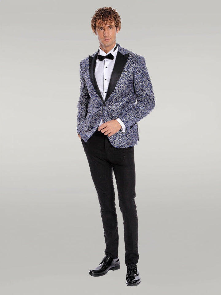 WSS Flower Embroidered Pattern Navy Blue Men Prom Blazer  - Singen