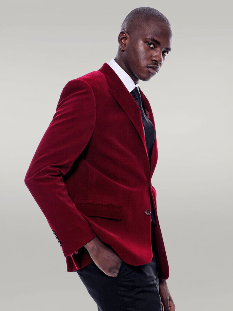 WSS Wide Peak Lapel Velvet Burgundy Men Blazer  - Singen