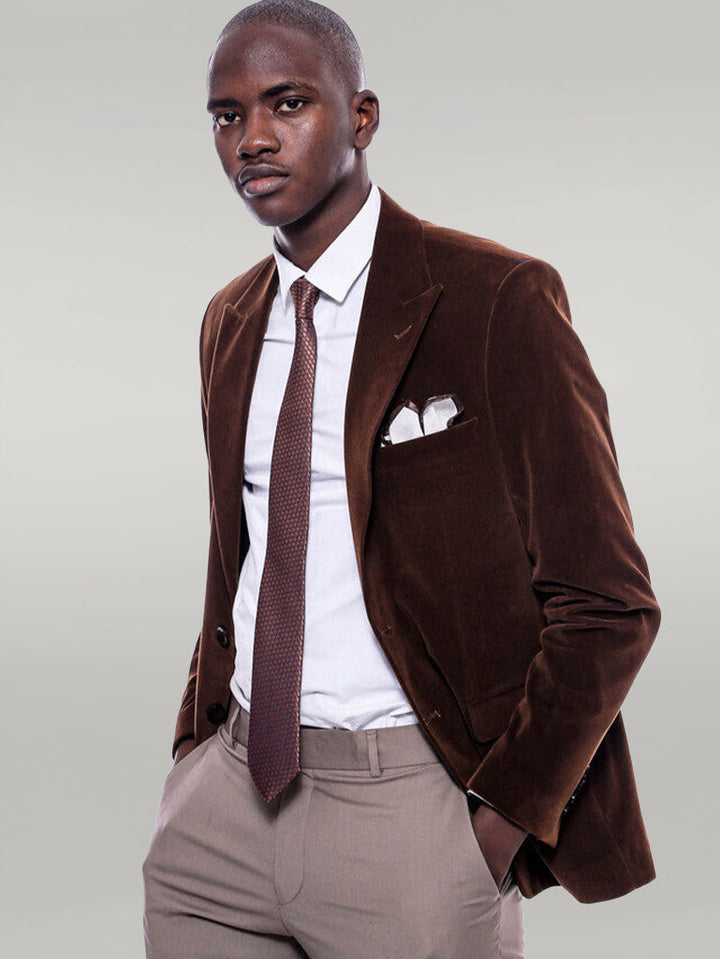 WSS Wide Peak Lapel Velvet Brown Men Blazer  - Singen