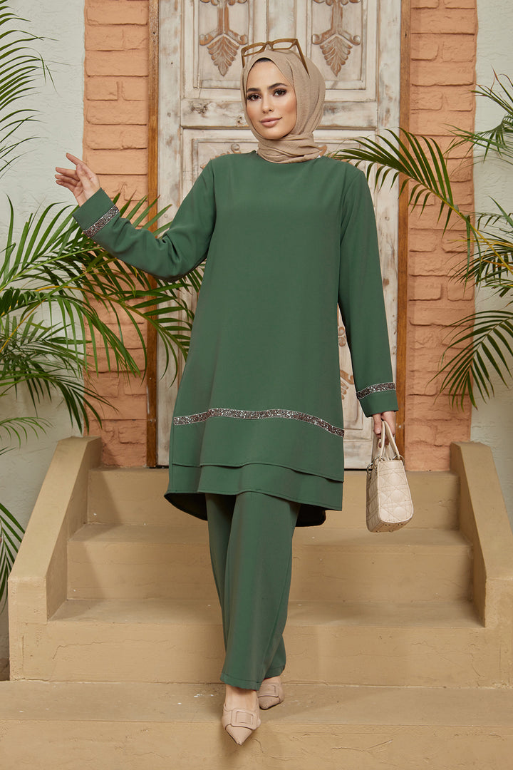 ZRF Women Stone Detailed Tunic Pants Set - Emerald - Navapolatsk