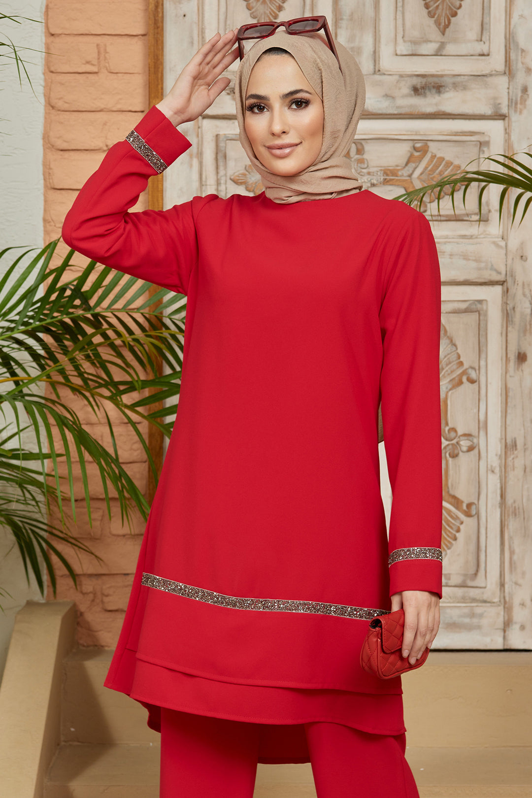 ZRF Women Stone-Detailed Tunic Pants Set - Red - Berwyn