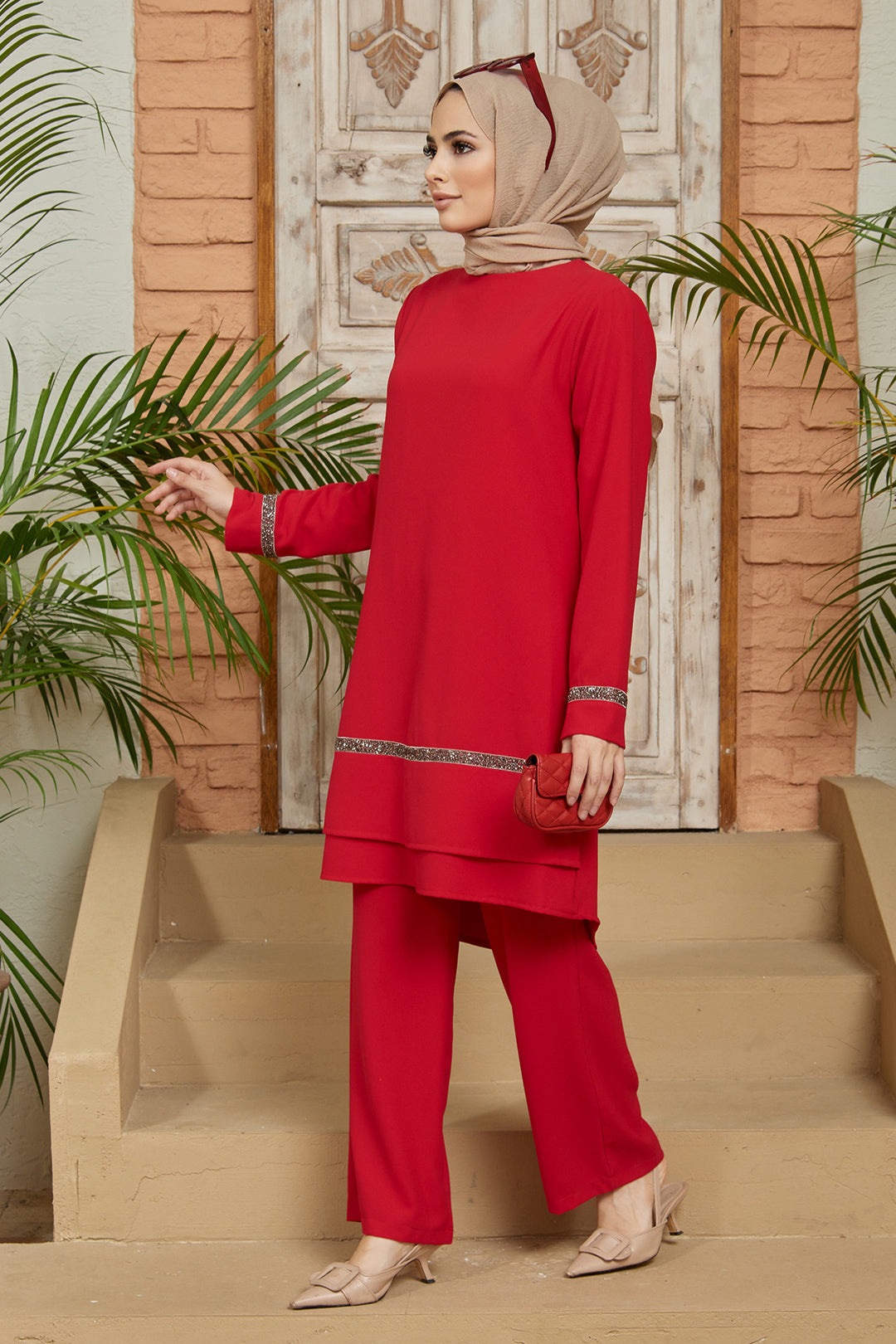 ZRF Women Stone-Detailed Tunic Pants Set - Red - Berwyn