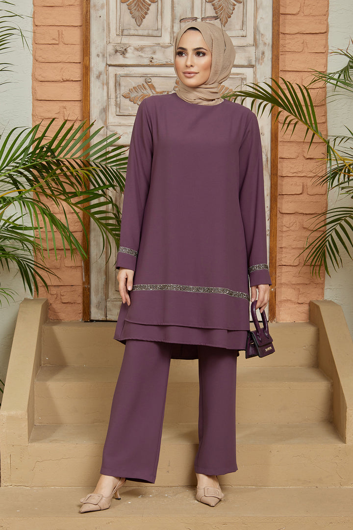 ZRF Women Stone-Detailed Tunic Pants Set - Lilac - Myrhorod