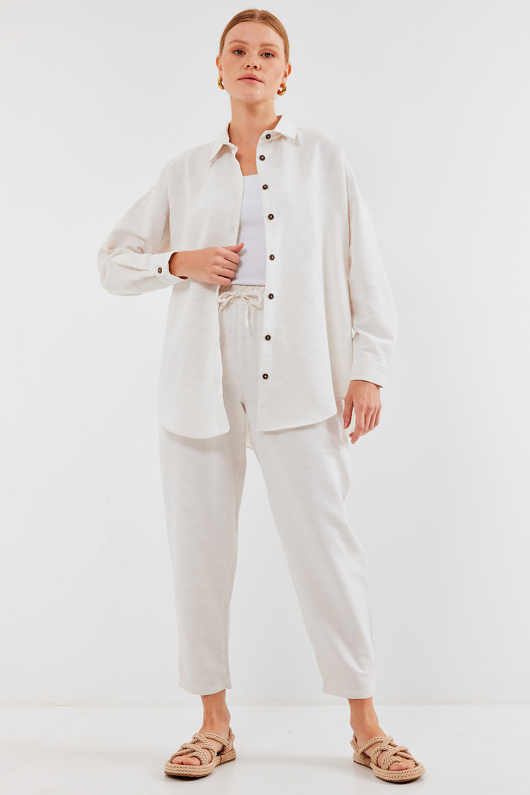 BGD Women Women's Cream Oversize Linen Top and Bottom Set 6622 - Avondale