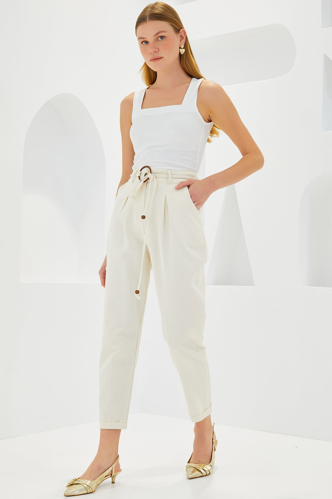 BGD Women Belted Linen Pants - Cream - Avondale