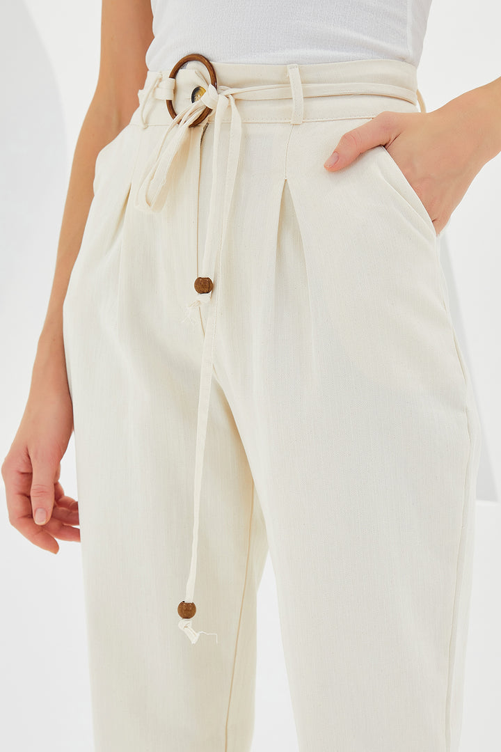 BGD Women Belted Linen Pants - Cream - Avondale