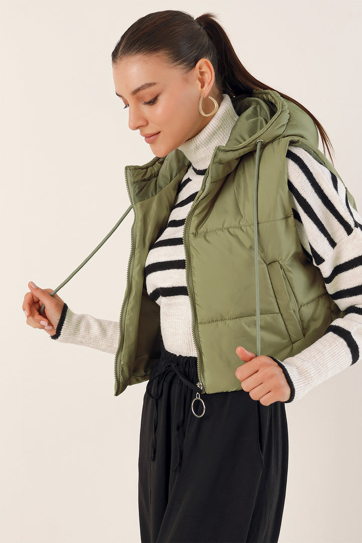 BGD Women Cropped Puffer Vest - Khaki - Avondale