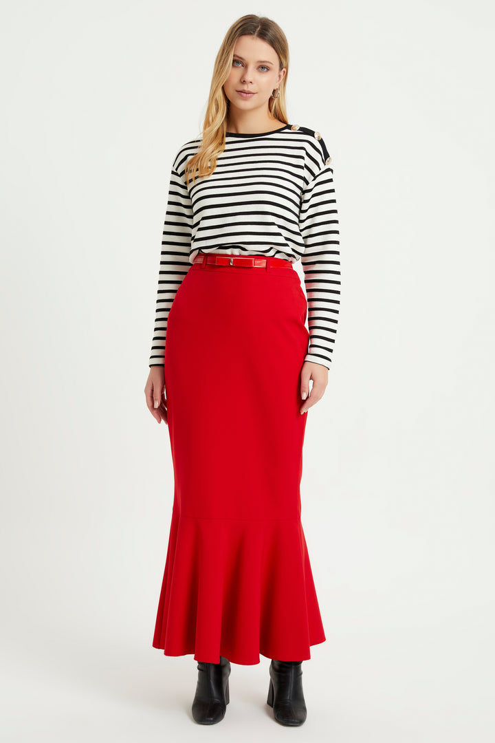 ZRF Women Flounced Belted Skirt - Red - Temple