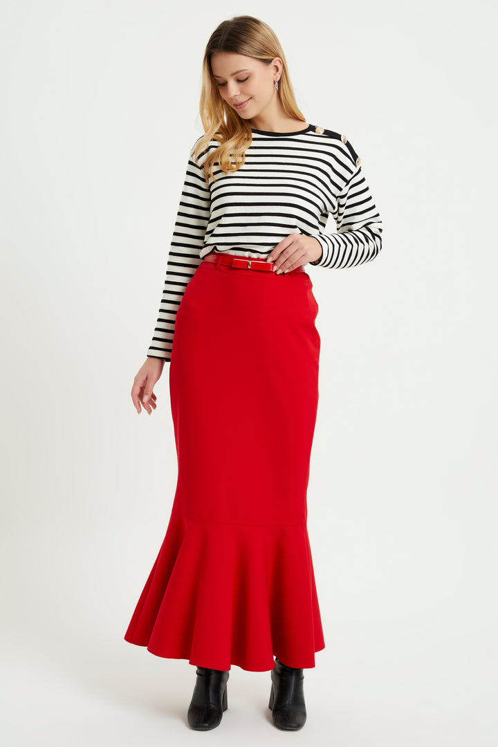 ZRF Women Flounced Belted Skirt - Red - Temple