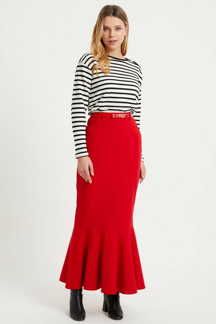 ZRF Women Flounced Belted Skirt - Red - Temple