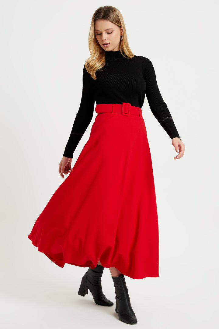 ZRF Women Belted Flared Skirt - Red - Great Yarmouth