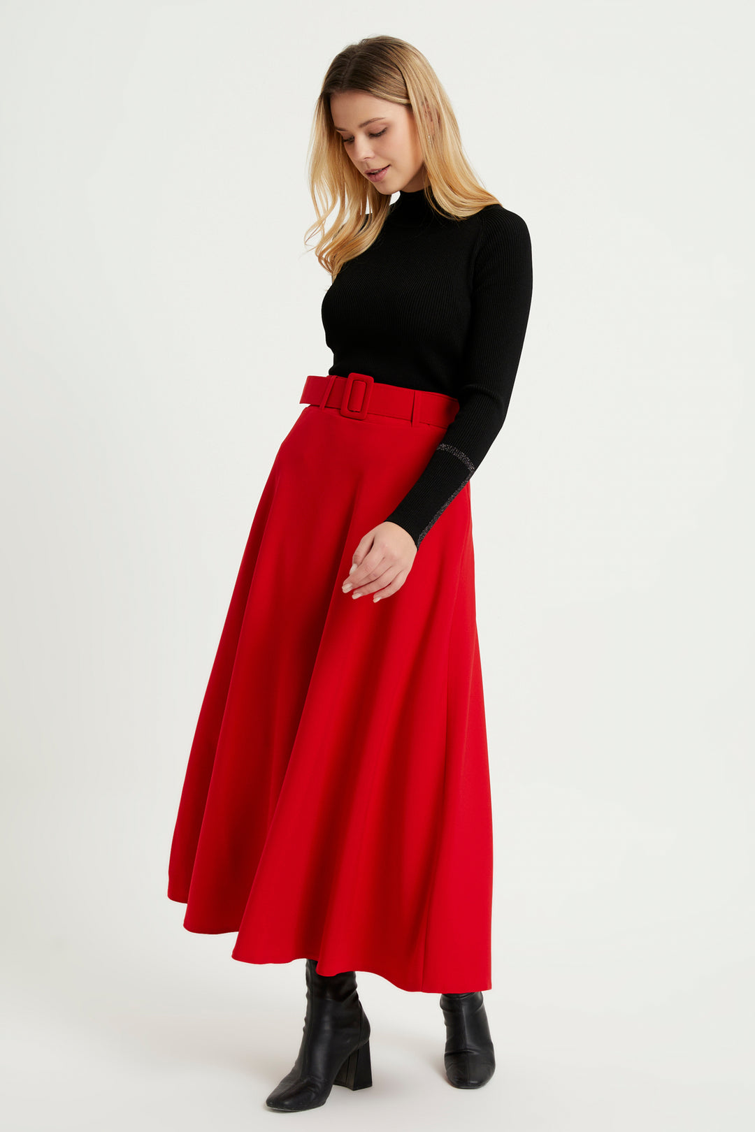 ZRF Women Belted Flared Skirt - Red - Great Yarmouth