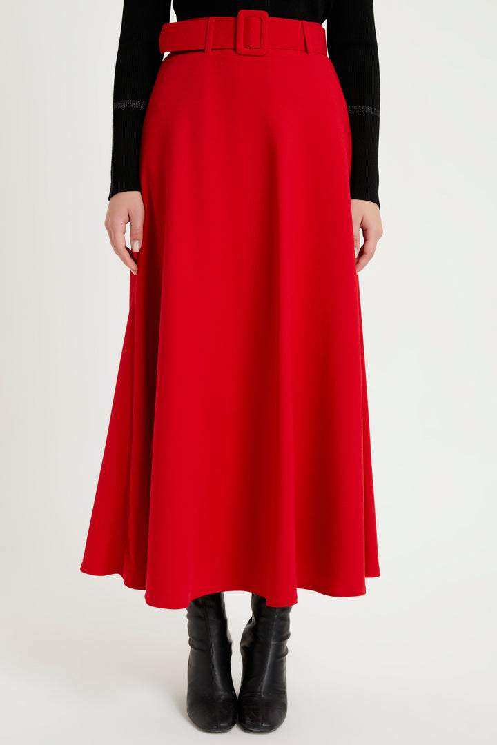 ZRF Women Belted Flared Skirt - Red - Great Yarmouth