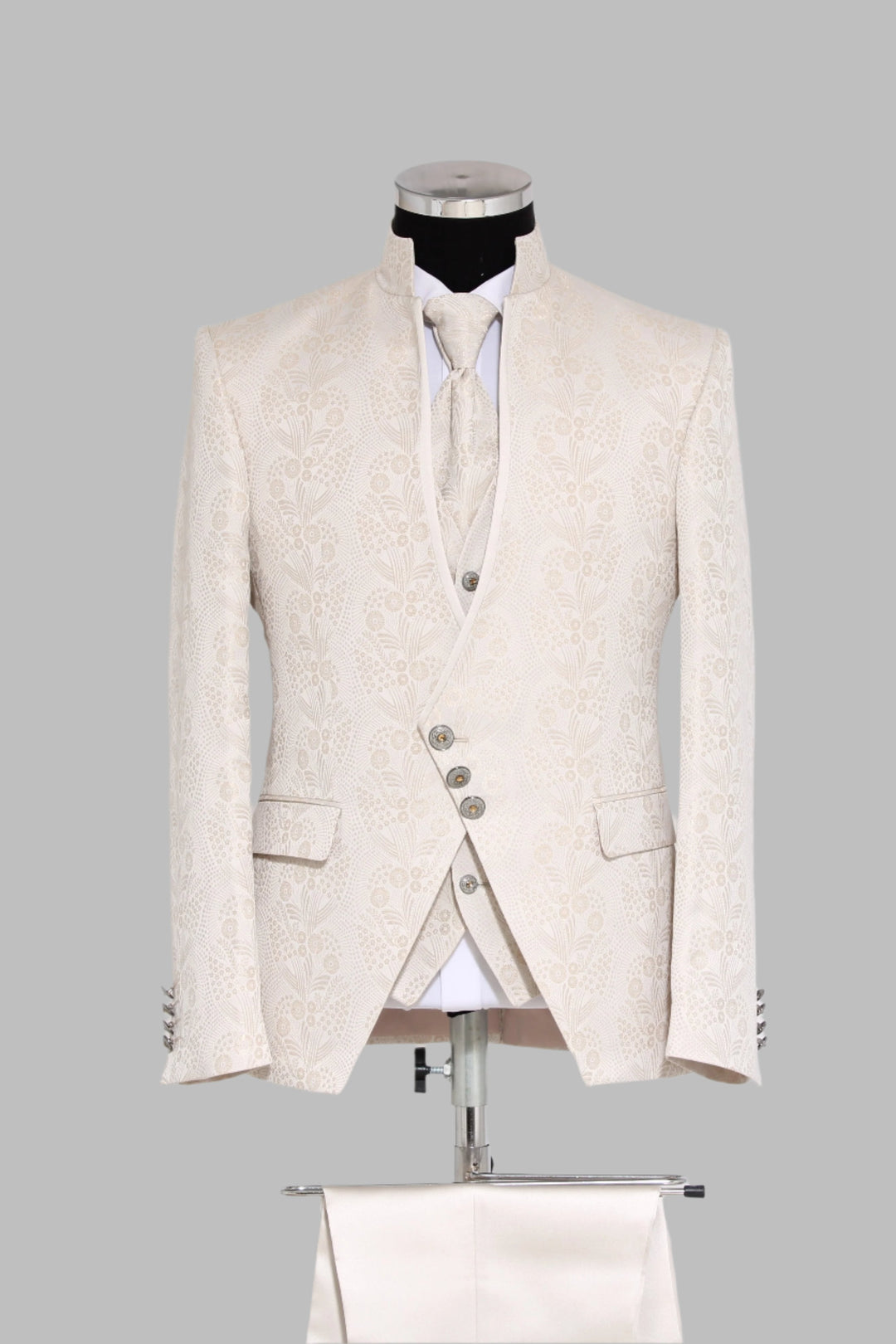 WSS 3-Piece Mandarin Collar Patterned Asymmetric Cut Ivory Men's Tuxedo  - Singen