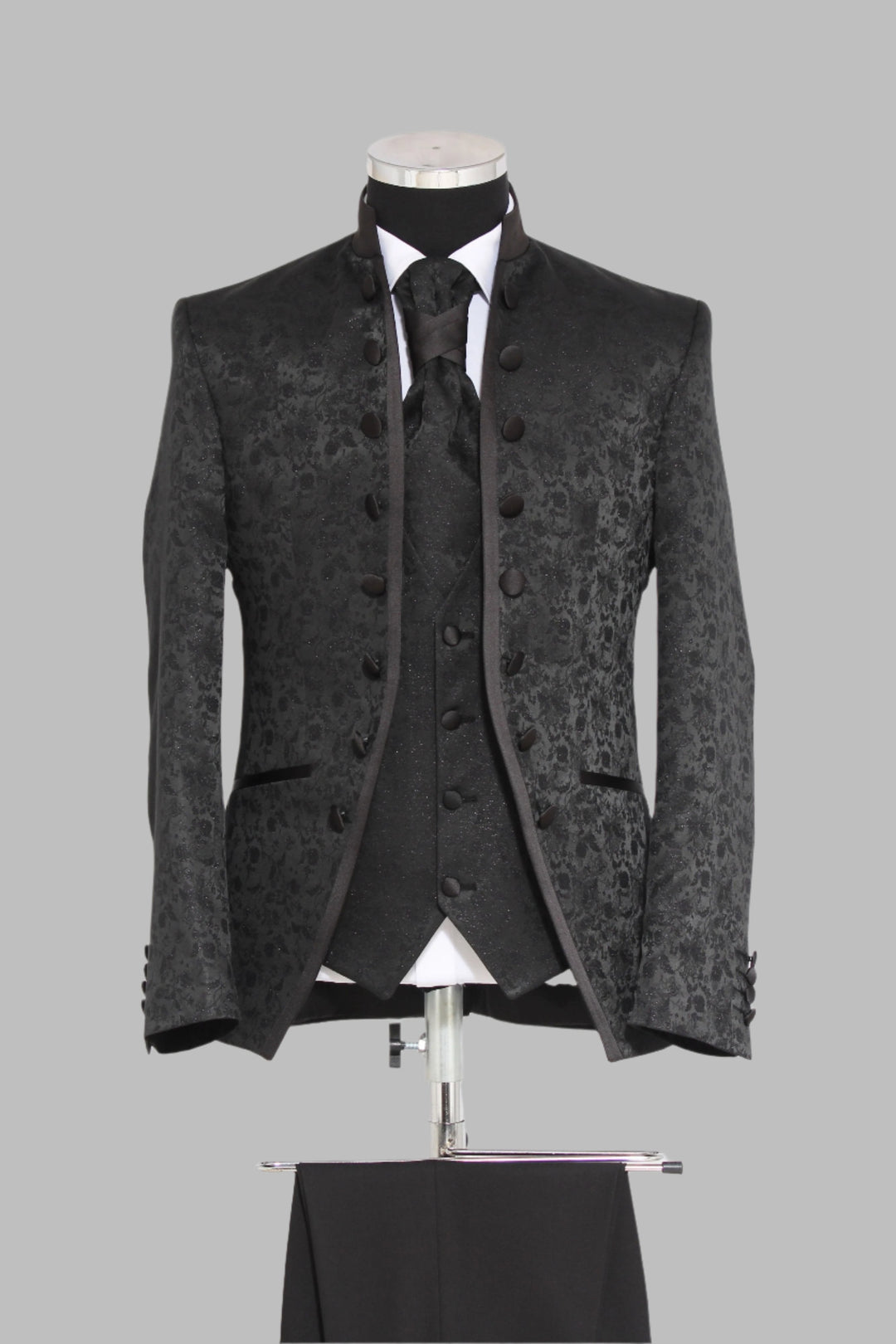 WSS 3-Piece Shiny Floral Patterned Mandarin Collar Black Men's Tuxedo with Bow Tie  - Singen