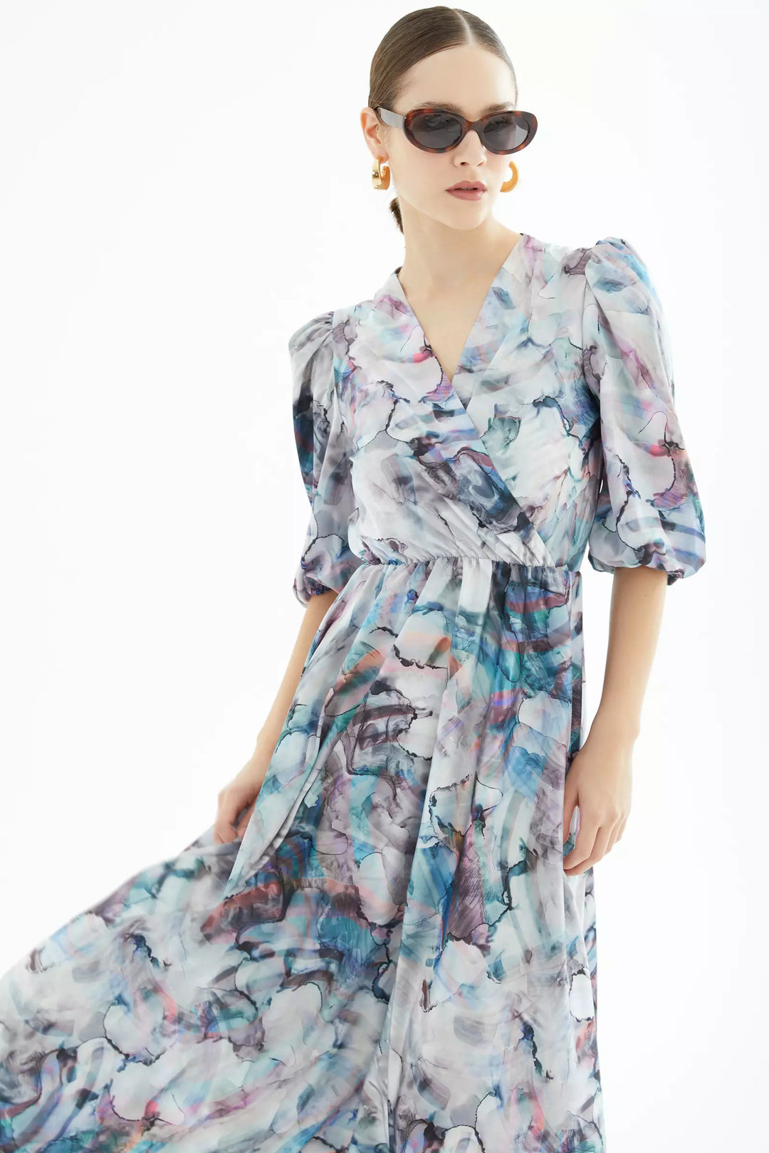 FRV Printed satin short sleeve midi dress - Guasavito