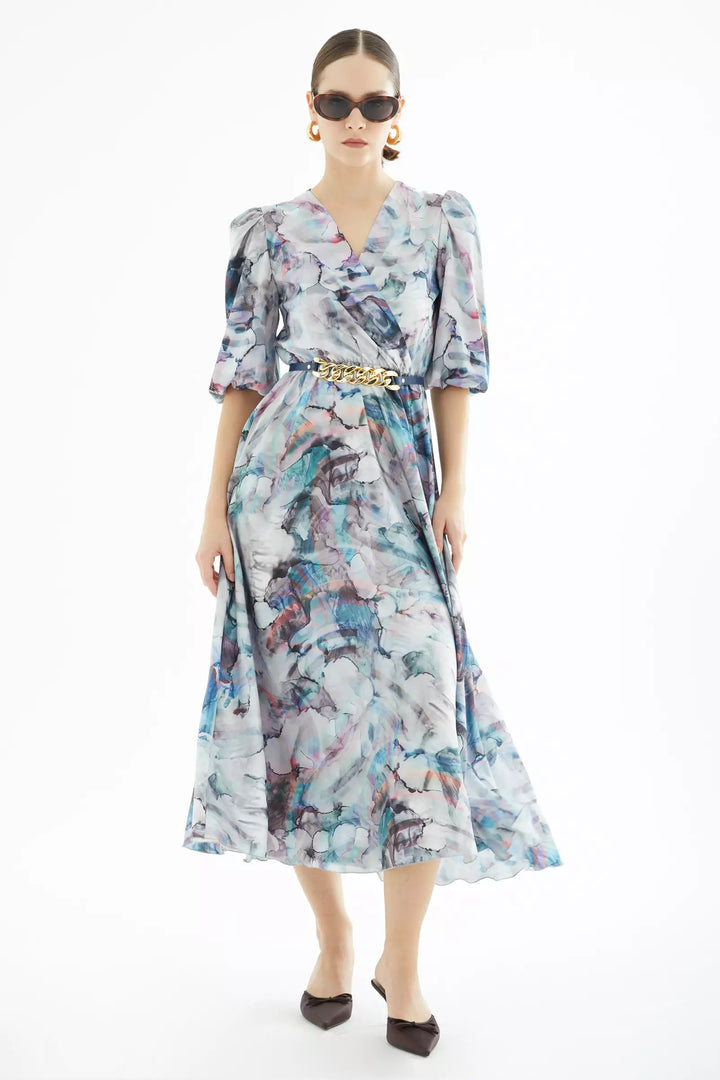 FRV Printed satin short sleeve midi dress - Guasavito