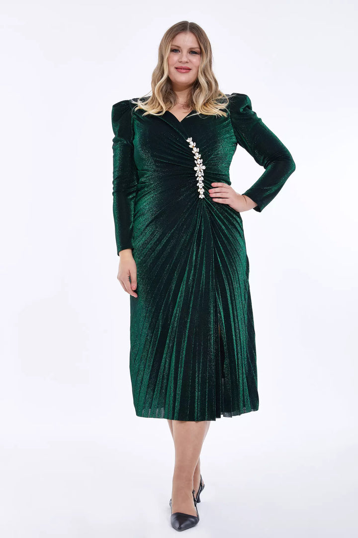 Green Green Plus Size Silvery Long -рукав Midi платье - Sfântu -gheorghe