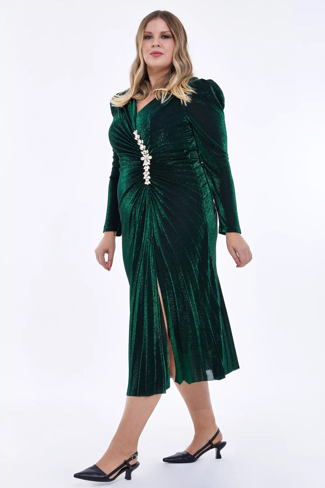 Green Green Plus Size Silvery Long -рукав Midi платье - Sfântu -gheorghe