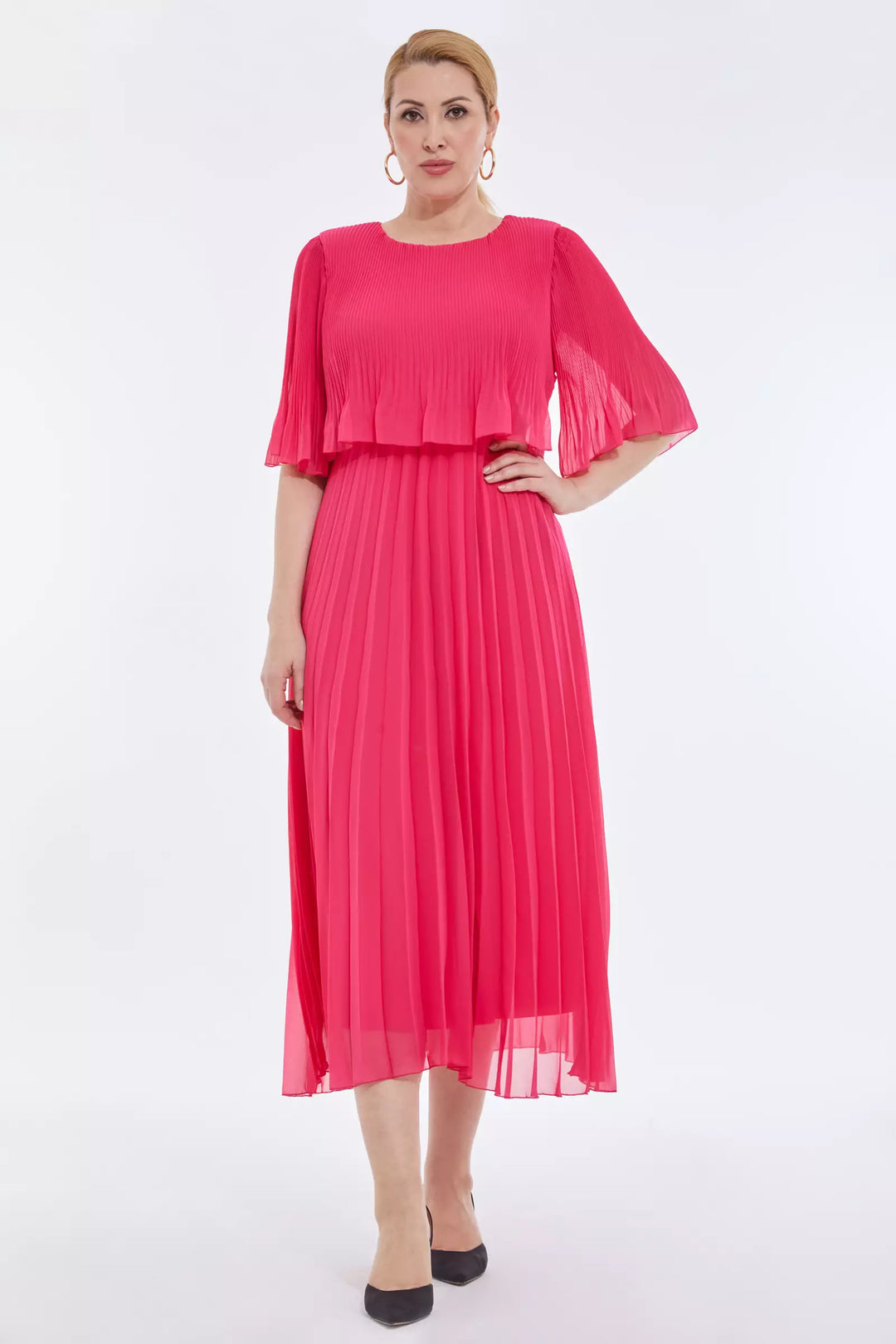 FRV Fuchsia plus size chiffon short sleeve midi dress - Tulcea