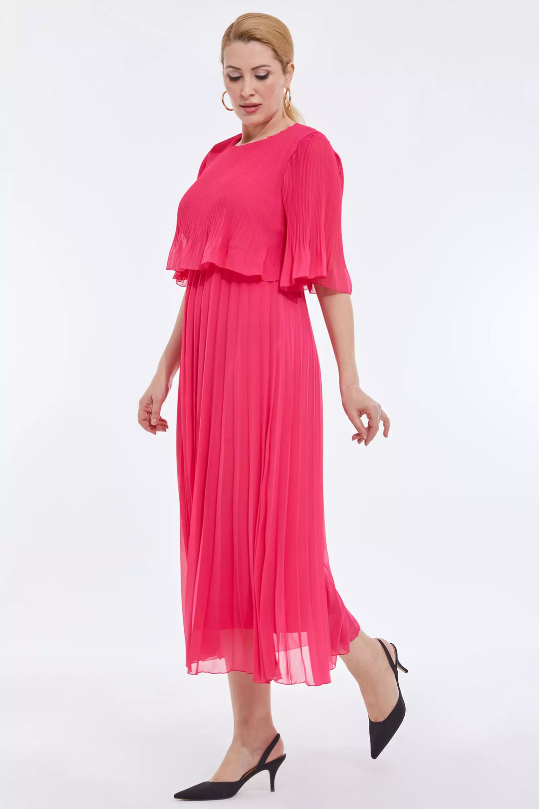 FRV Fuchsia plus size chiffon short sleeve midi dress - Tulcea