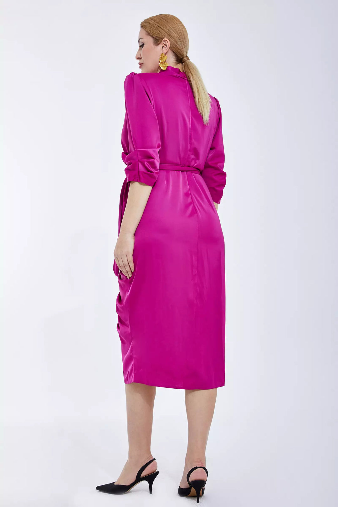 FRV Fuchsia plus size satin 3/4 sleeve midi dress - Sunrise