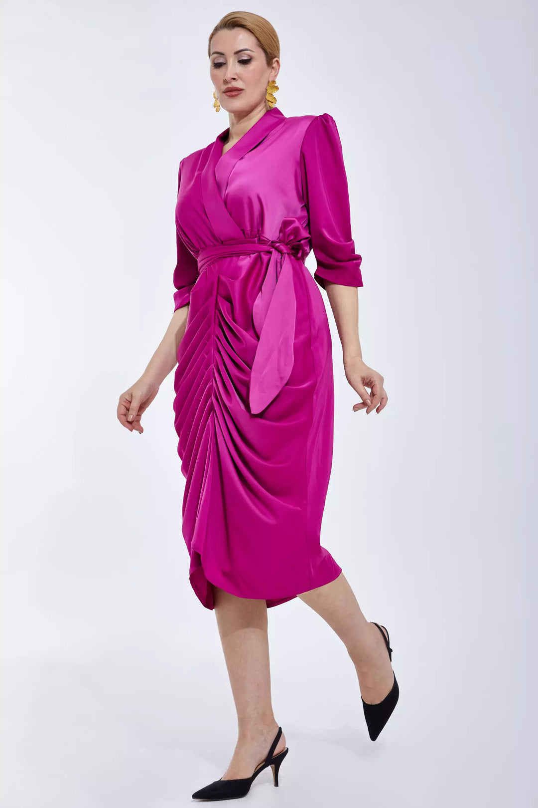 FRV Fuchsia plus size satin 3/4 sleeve midi dress - Sunrise