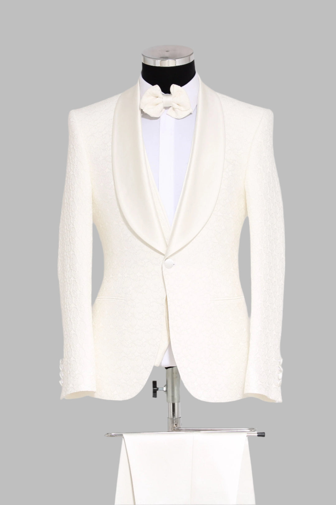 WSS 3-Piece Textured Satin Lapel Ivory Men's Tuxedo with Bow Tie  - Singen