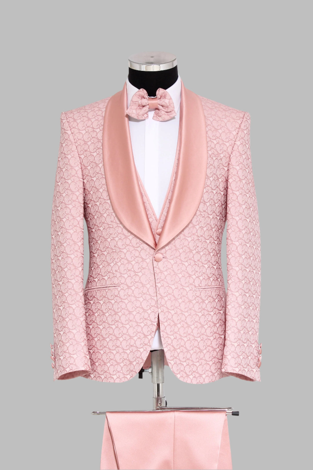 WSS 3-Piece Textured Satin Lapel Pink Men's Tuxedo with Bow Tie  - Singen