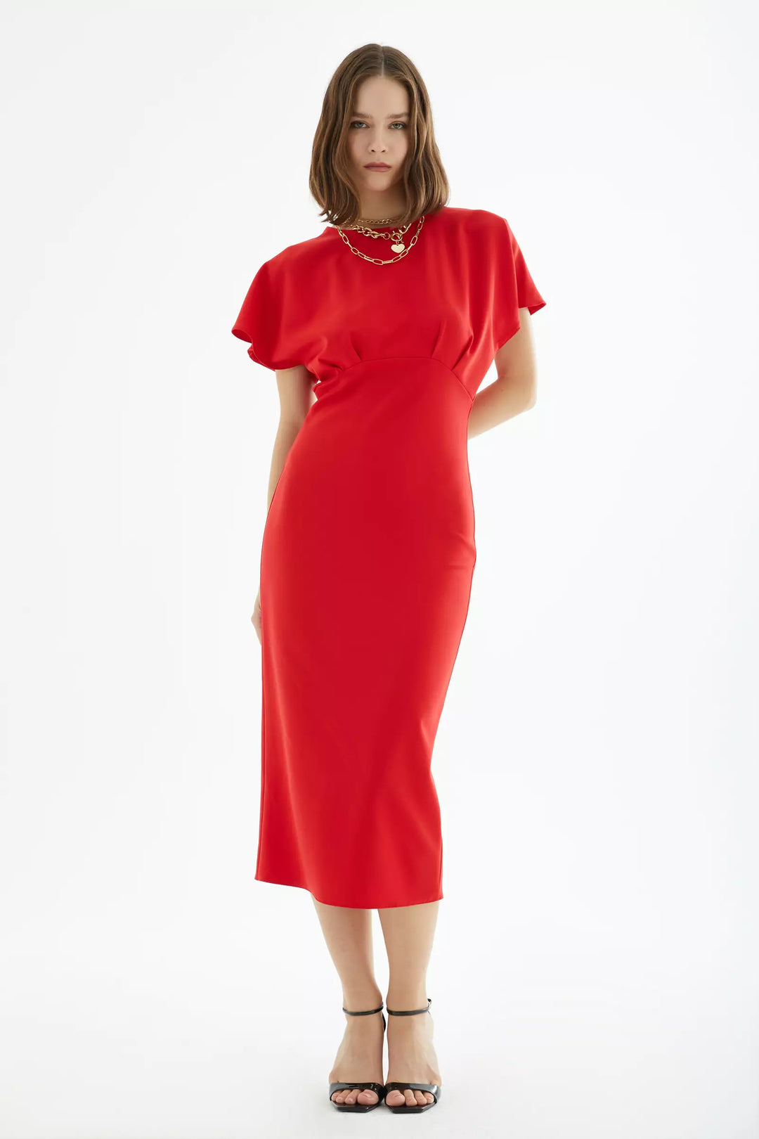 FRV Red crepe short sleeve midi dress - Plano