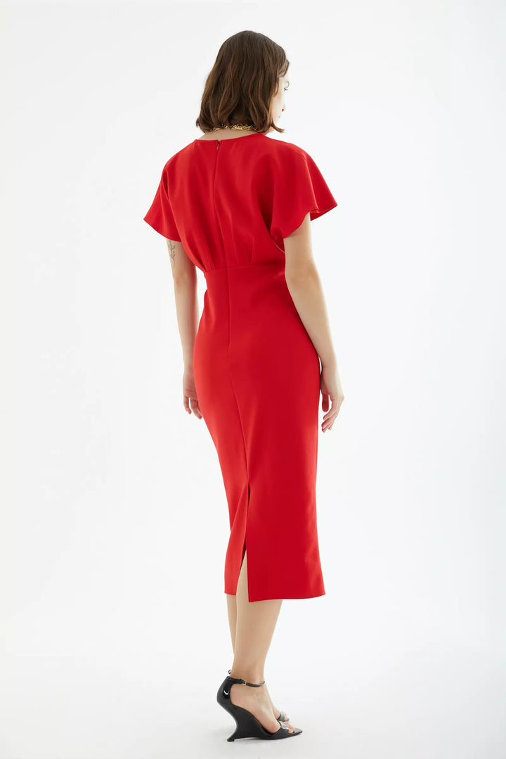 FRV Red crepe short sleeve midi dress - Plano