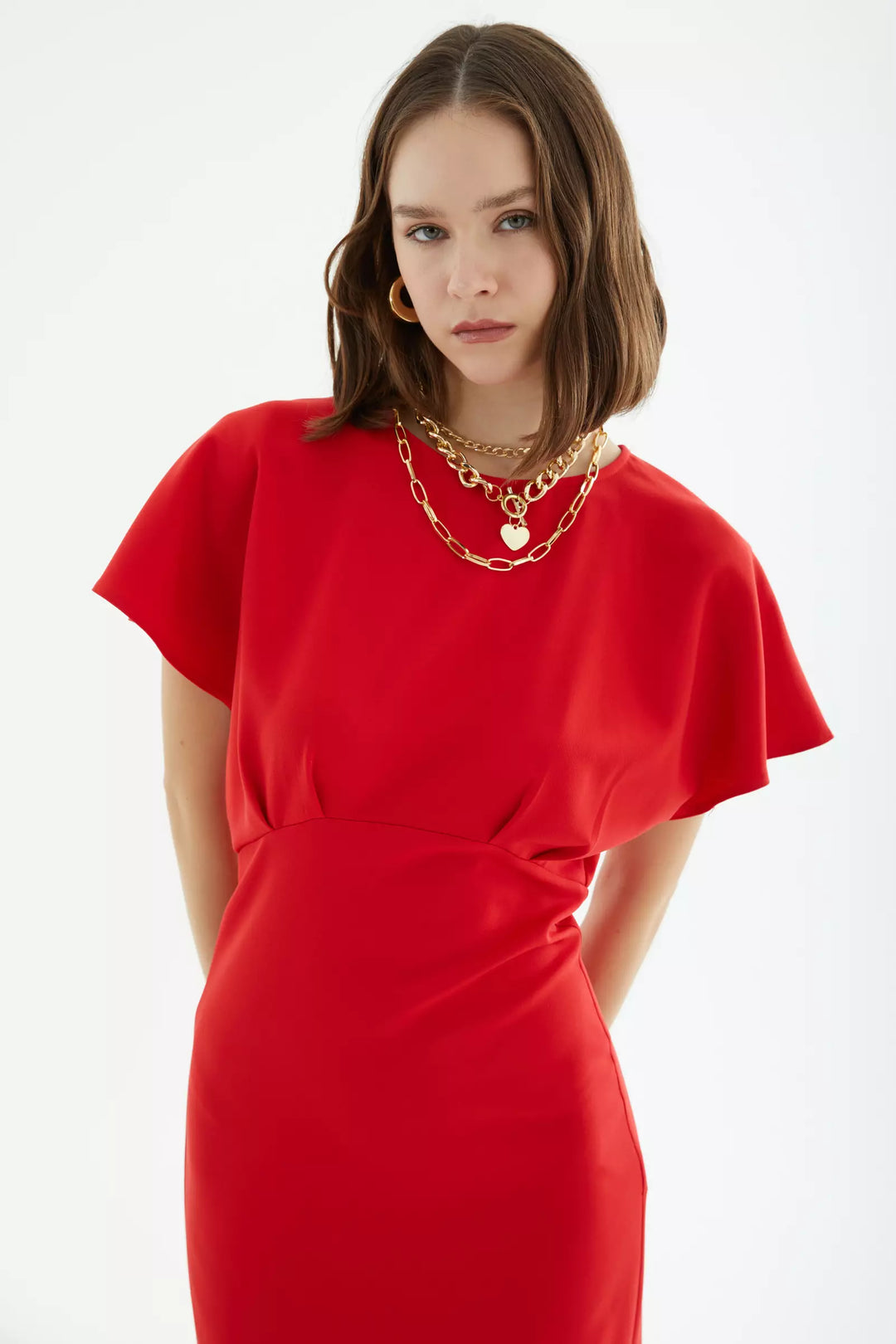 FRV Red crepe short sleeve midi dress - Plano