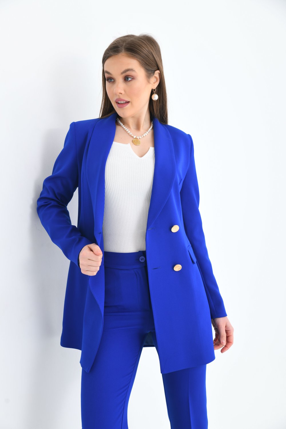 NDL Femmes 4-bouton Châle Collier Suit des femmes en bleu sax - Islip